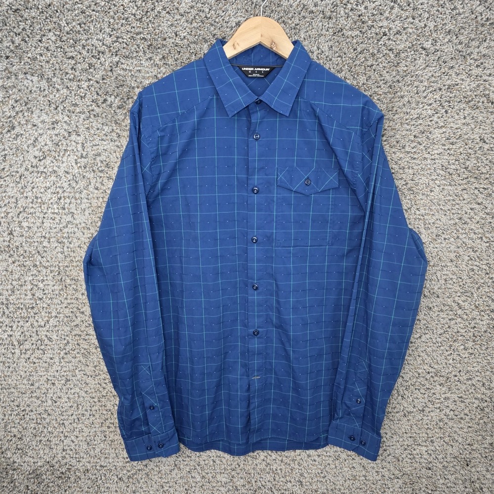 Under Armour Shirt Mens Large Button Up Blue Long Sleeve Pocket Cotton Blend